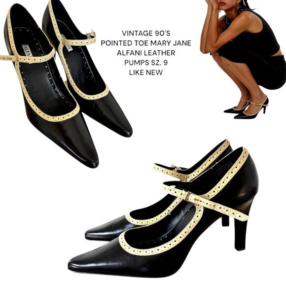 VINTAGE 90'S BLACK LEATHER MARY JANE ALFANI POINTED TO PUMPS HEELS S. 9 LIKE NEW - Picture 1 of 6